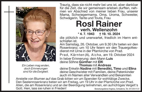 Traueranzeige von Rosl Wellenzohn von Dolomiten