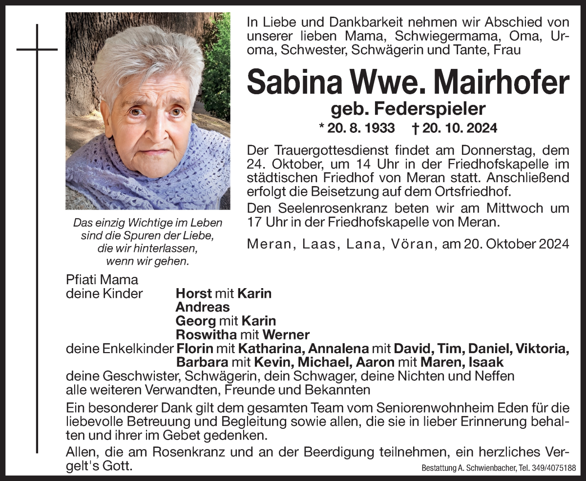  Traueranzeige für Sabina Mairhofer vom 22.10.2024 aus Dolomiten