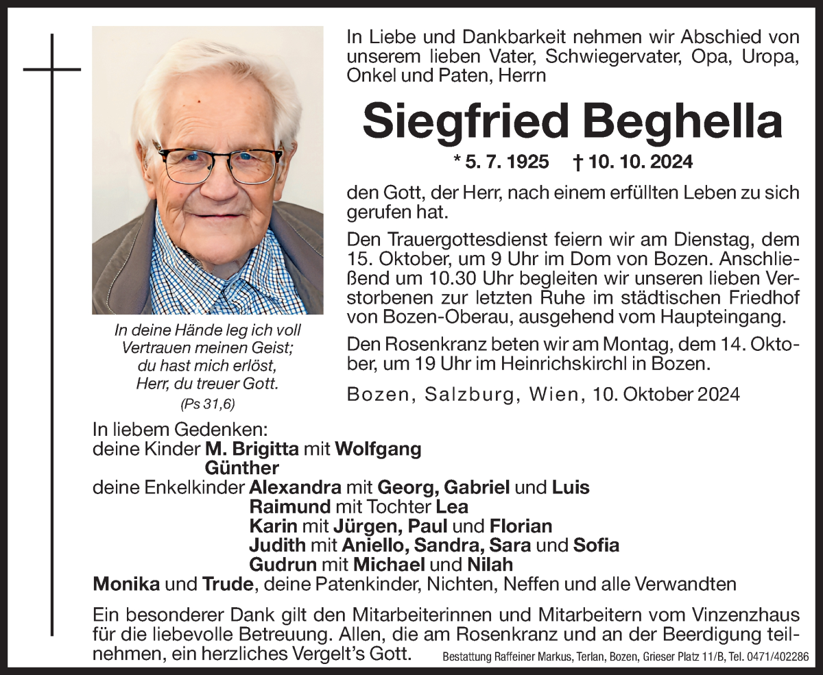  Traueranzeige für Siegfried Beghella vom 11.10.2024 aus Dolomiten