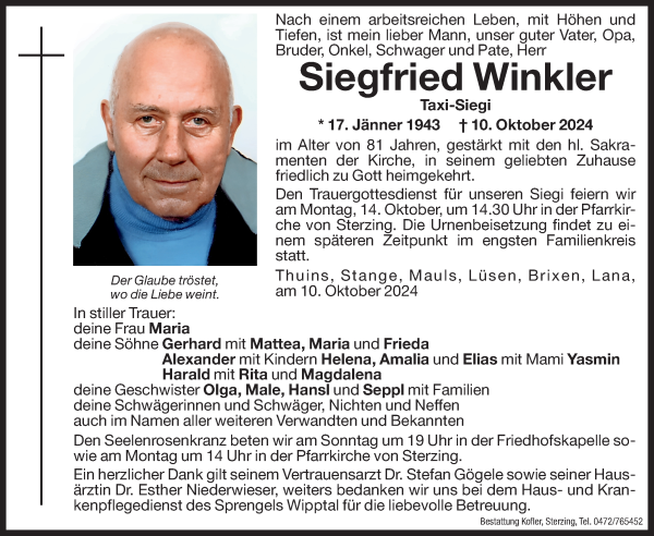 Traueranzeige von Siegfried Winkler von Dolomiten