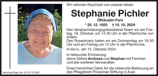 Traueranzeige von Stephanie Pichler von Dolomiten