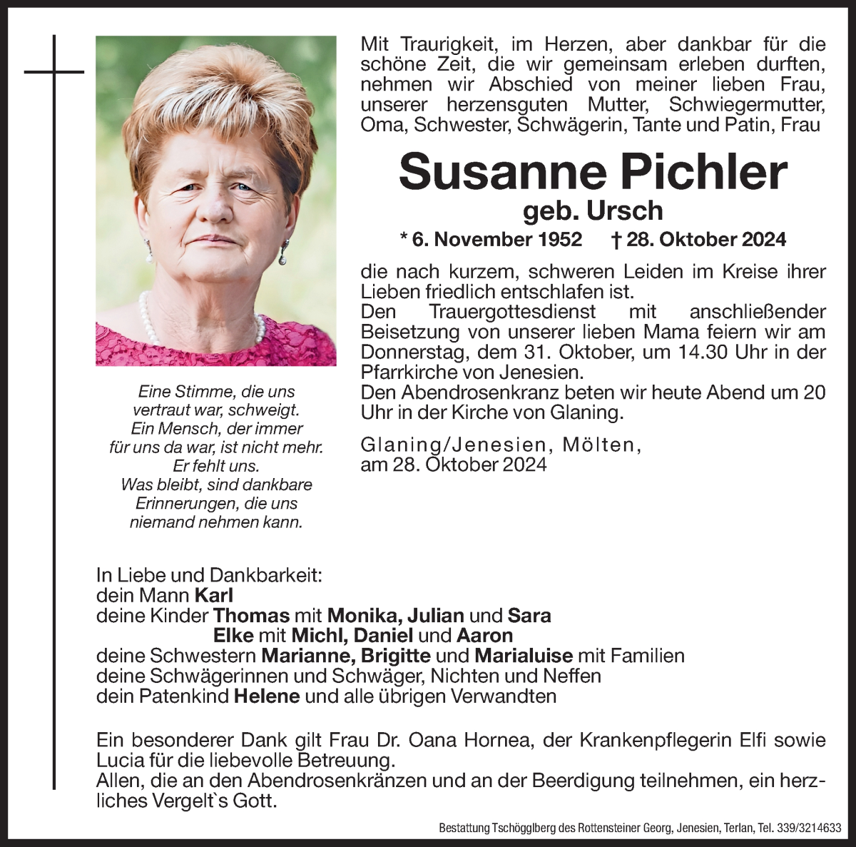  Traueranzeige für Susanne Pichler vom 30.10.2024 aus Dolomiten