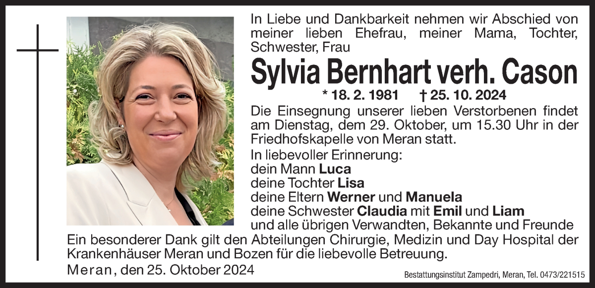  Traueranzeige für Sylvia Cason vom 28.10.2024 aus Dolomiten