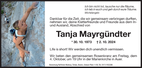 Traueranzeige von Tanja Mayrgündter von Dolomiten