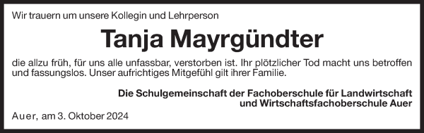 Traueranzeige von Tanja Mayrgündter von Dolomiten