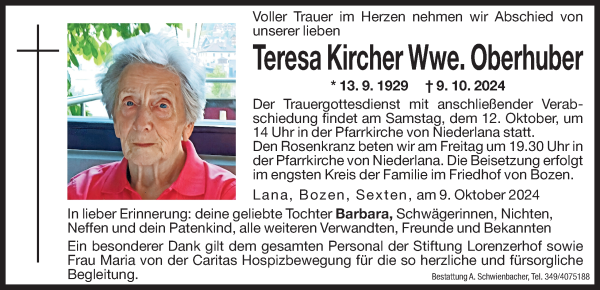 Traueranzeige von Teresa Oberhuber von Dolomiten