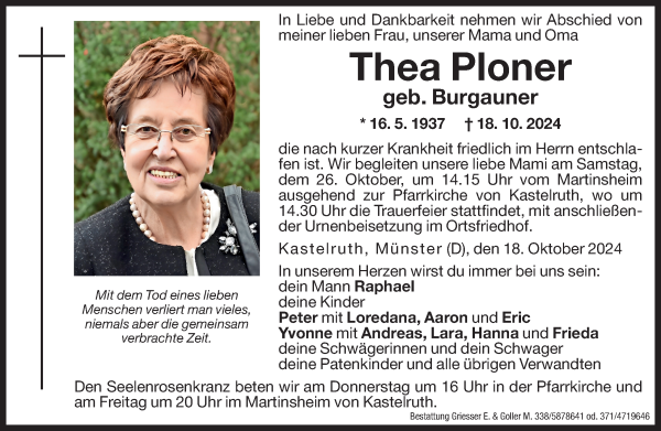 Traueranzeige von Thea Ploner von Dolomiten