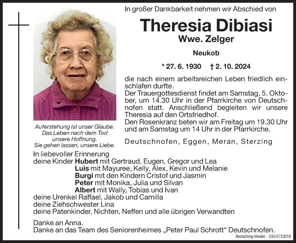 Traueranzeige von Theresia Zelger von Dolomiten