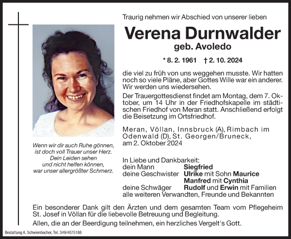 Traueranzeige von Verena Durnwalder von Dolomiten