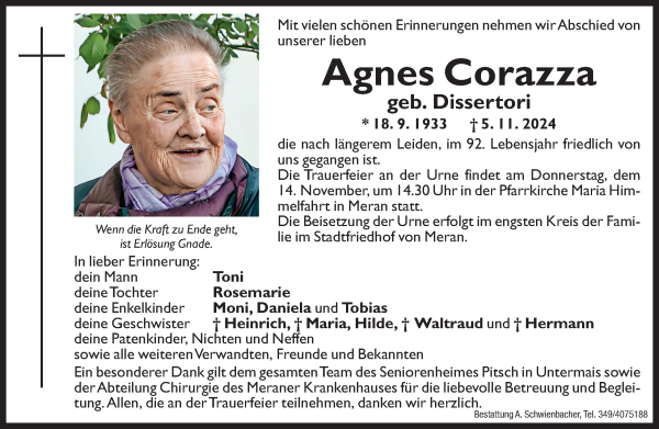 Traueranzeige von Agnes Corazza von Dolomiten