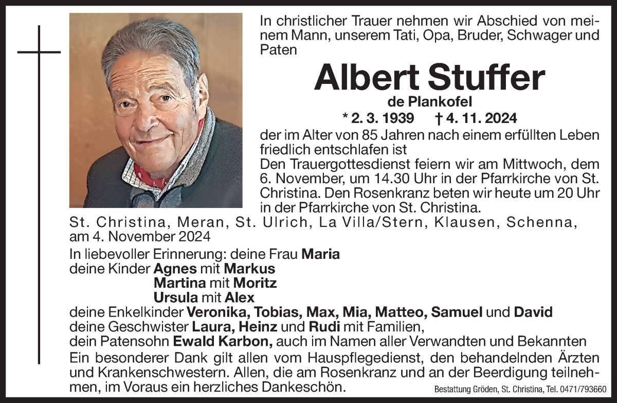  Traueranzeige für Albert Stuffer vom 05.11.2024 aus Dolomiten