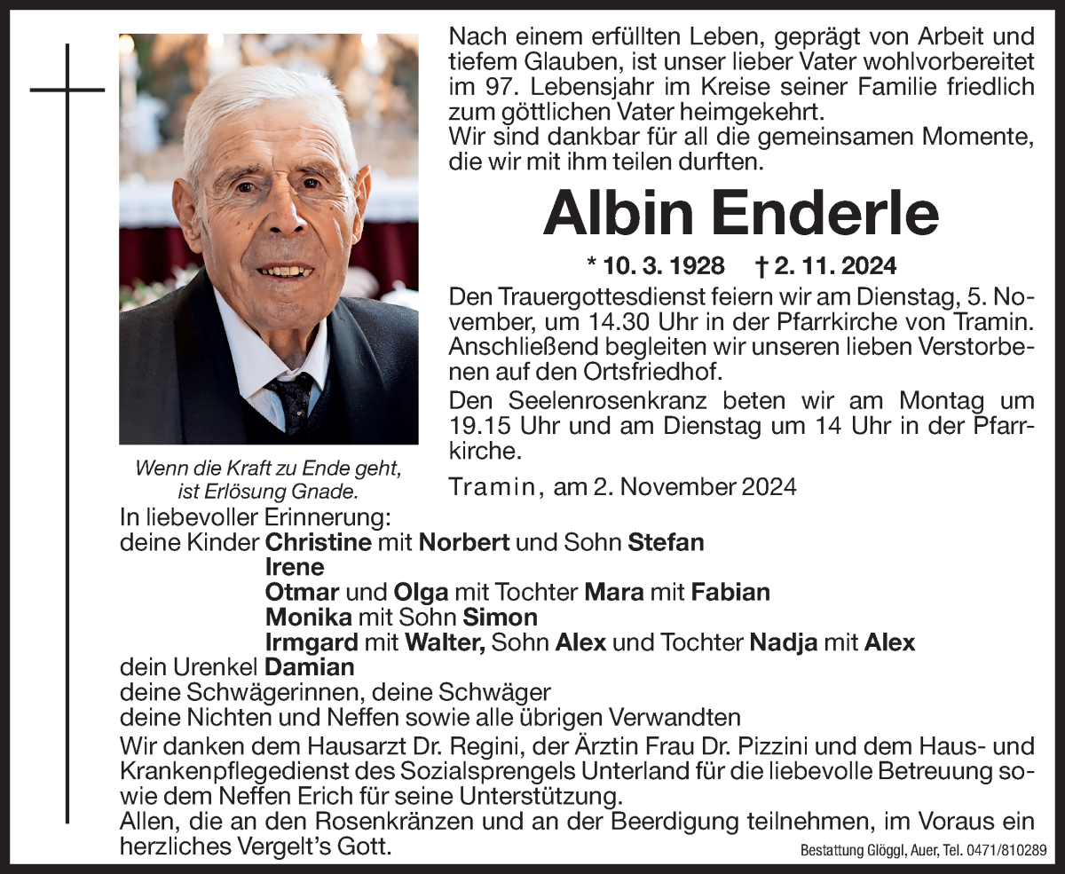  Traueranzeige für Albin Enderle vom 04.11.2024 aus Dolomiten