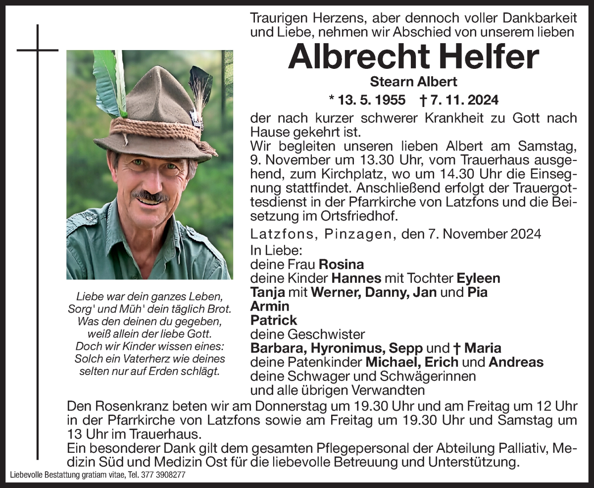  Traueranzeige für Albrecht Helfer vom 08.11.2024 aus Dolomiten