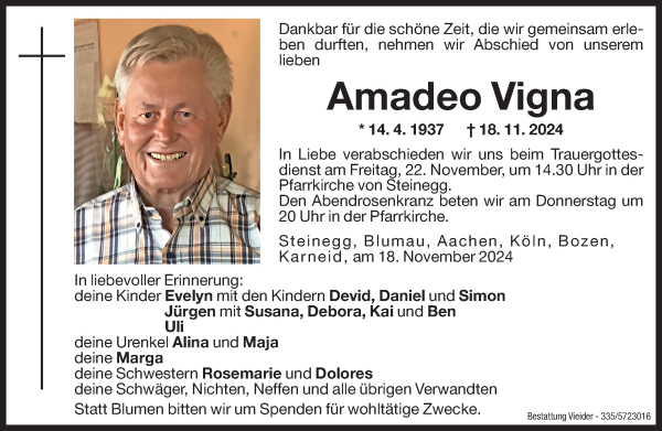 Traueranzeige von Amadeo Vigna von Dolomiten