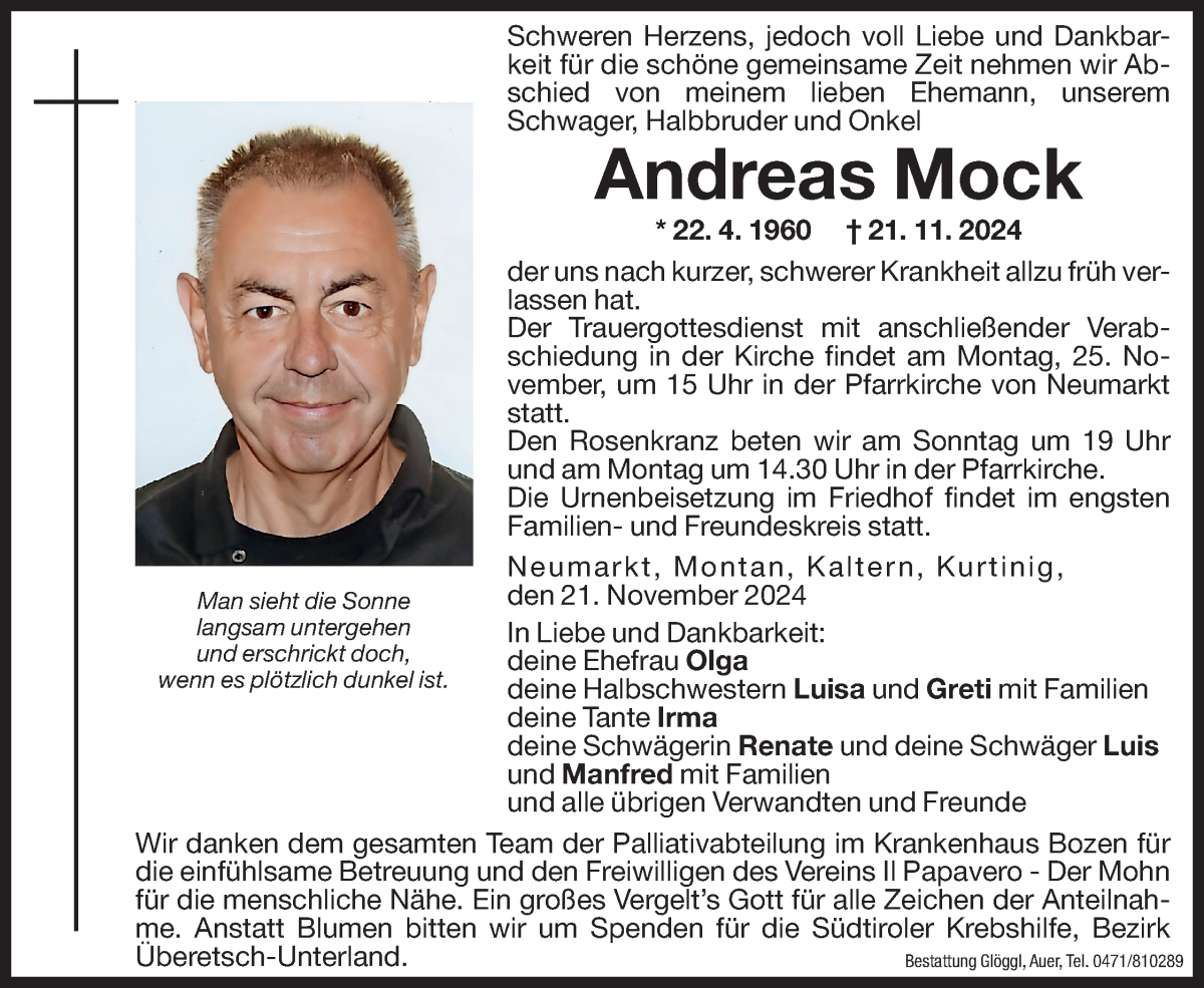  Traueranzeige für Andreas Mock vom 23.11.2024 aus Dolomiten