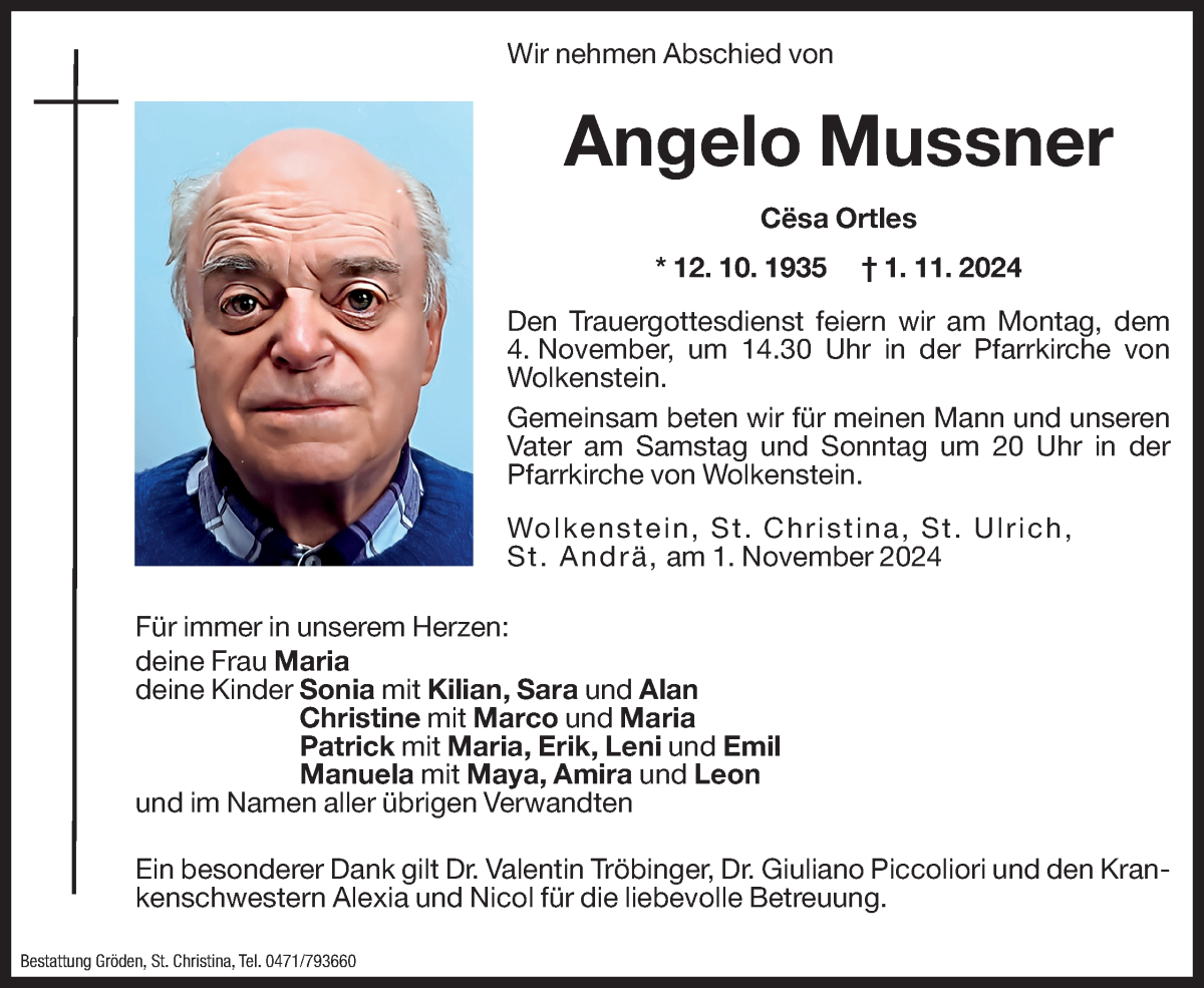  Traueranzeige für Angelo Mussner vom 02.11.2024 aus Dolomiten