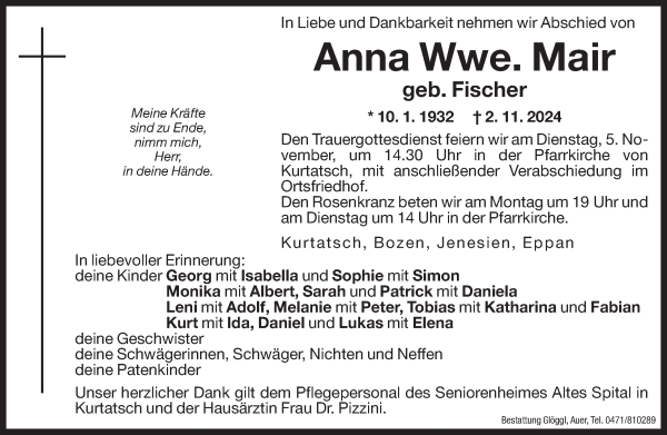 Traueranzeige von Anna Mair von Dolomiten