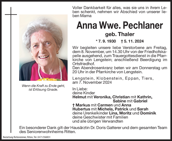 Traueranzeige von Anna Pechlaner von Dolomiten