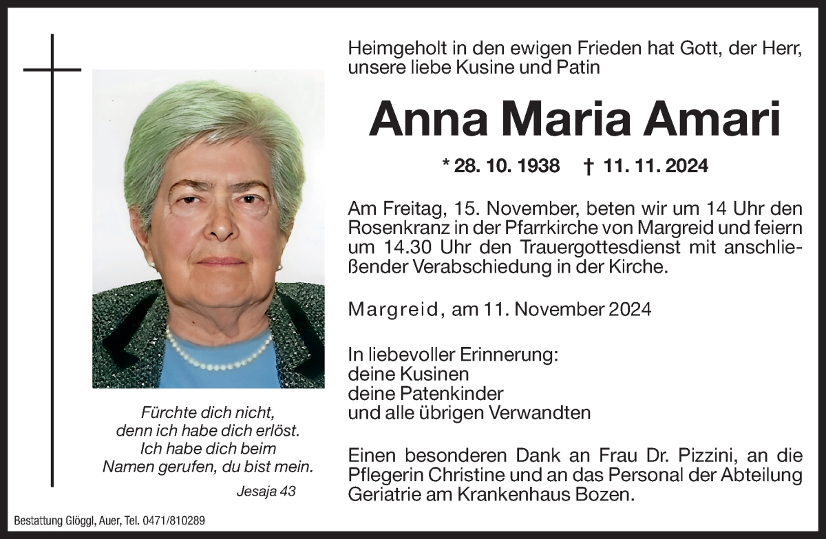  Traueranzeige für Anna Maria Amari vom 14.11.2024 aus Dolomiten