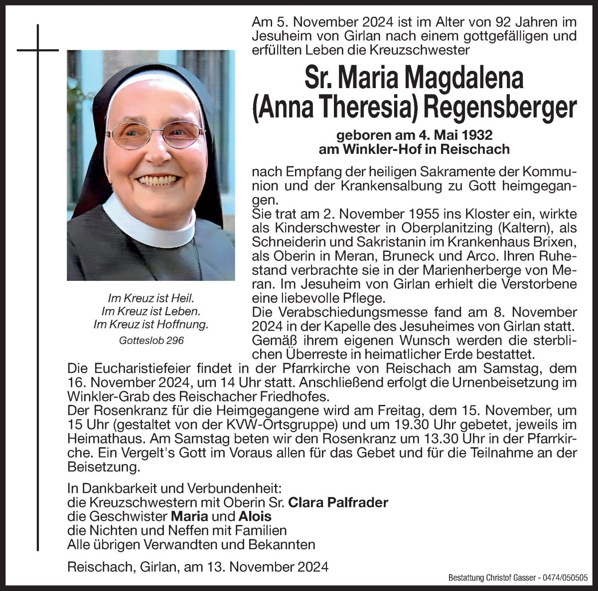  Traueranzeige für Anna Theresia - Sr. Maria Magdalena Regensberger vom 14.11.2024 aus Dolomiten