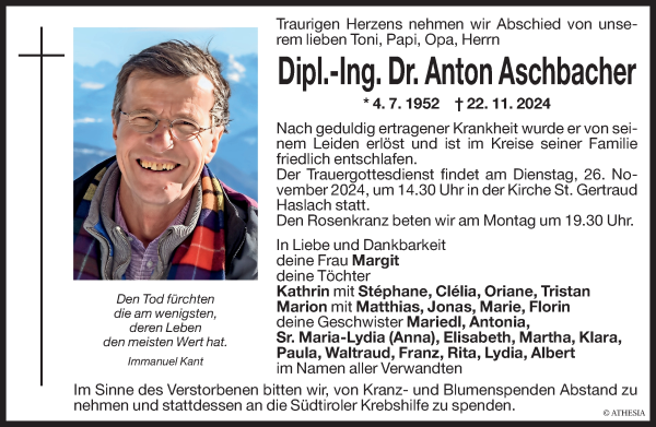 Traueranzeige von Anton Aschbacher von Dolomiten