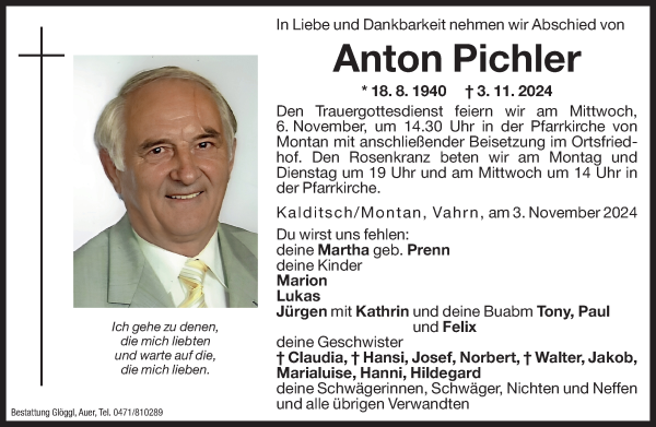 Traueranzeige von Anton Pichler von Dolomiten