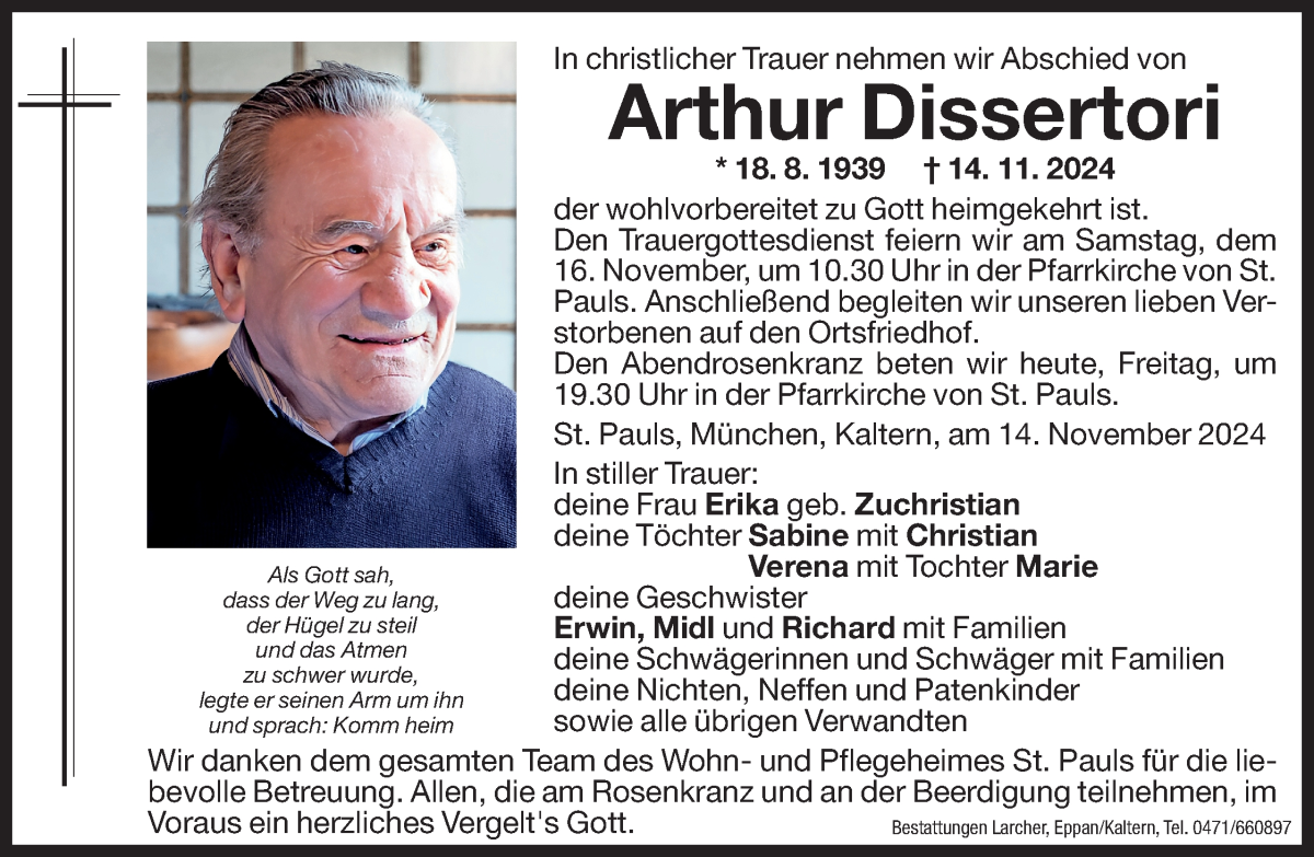  Traueranzeige für Arthur Dissertori vom 15.11.2024 aus Dolomiten