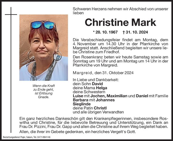 Traueranzeige von Christine Mark von Dolomiten