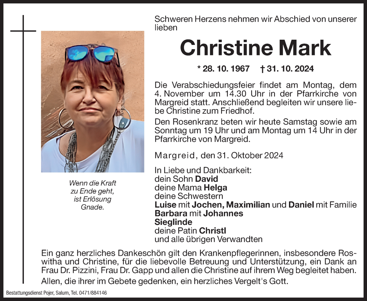  Traueranzeige für Christine Mark vom 02.11.2024 aus Dolomiten