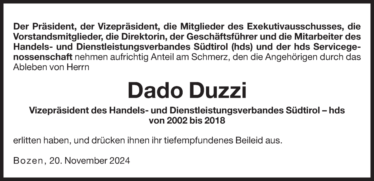  Traueranzeige für Dado Duzzi vom 20.11.2024 aus Dolomiten