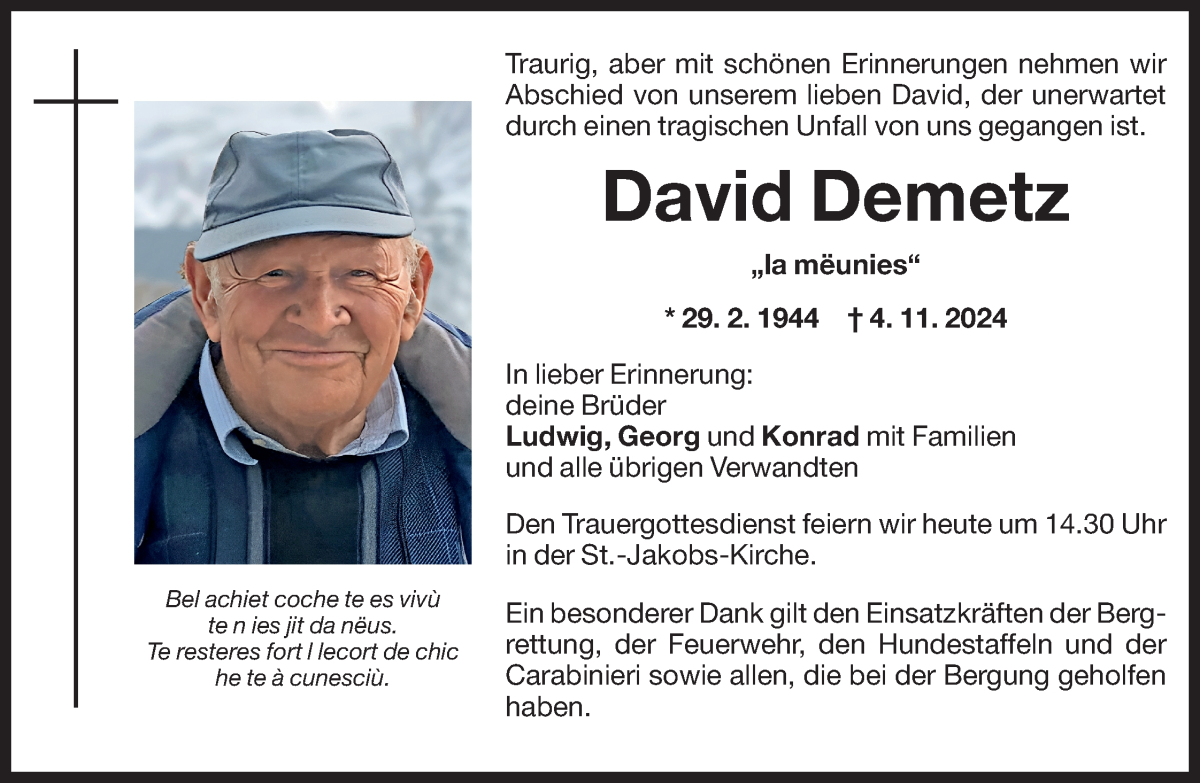  Traueranzeige für David Demetz vom 06.11.2024 aus Dolomiten