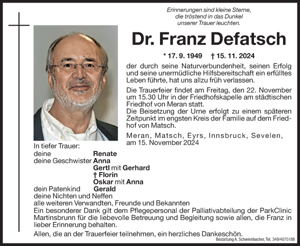 Traueranzeige von Dr. Franz Defatsch von Dolomiten