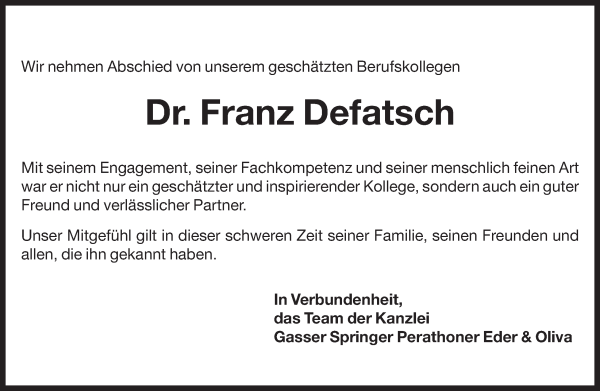 Traueranzeige von Dr. Franz Defatsch von Dolomiten