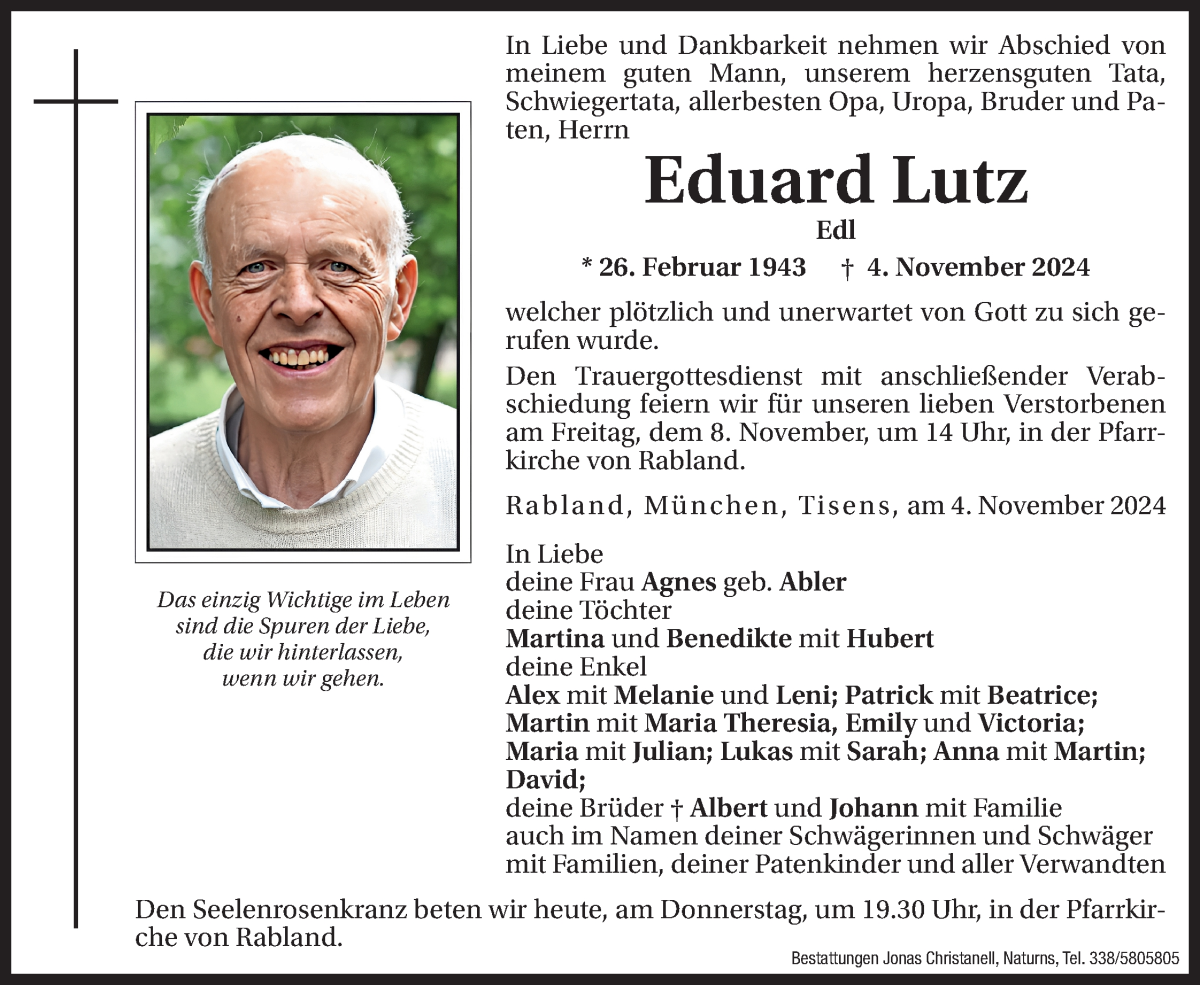  Traueranzeige für Eduard Lutz vom 07.11.2024 aus Dolomiten