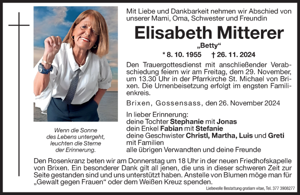 Traueranzeige von Elisabeth Mitterer von Dolomiten