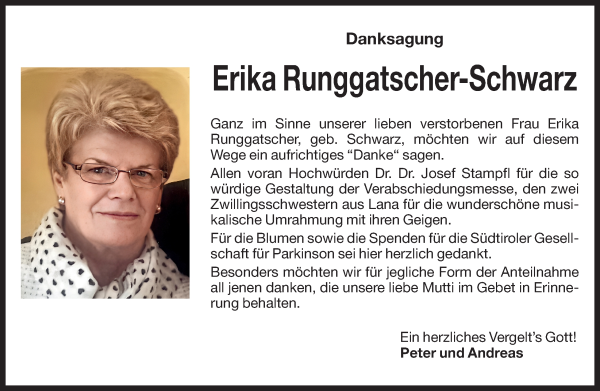 Traueranzeige von Erika Runggatscher von Dolomiten