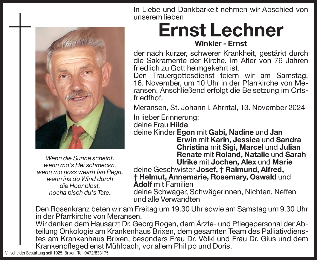  Traueranzeige für Ernst Lechner vom 15.11.2024 aus Dolomiten