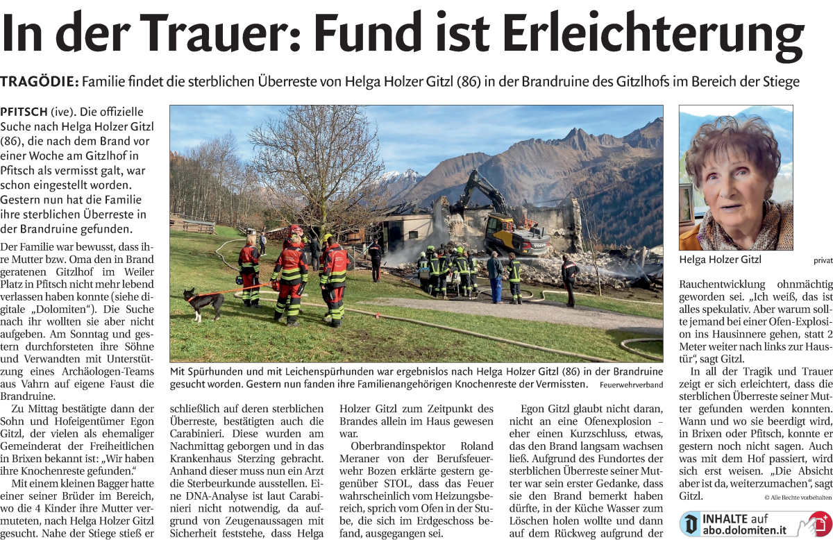  Traueranzeige für Helga Holzer Gitzl vom 12.11.2024 aus Dolomiten