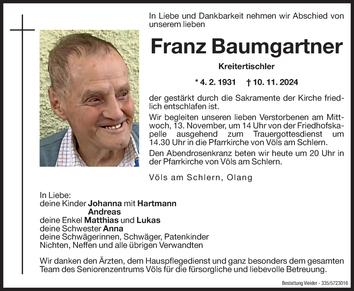  Traueranzeige für Franz Baumgartner vom 12.11.2024 aus Dolomiten