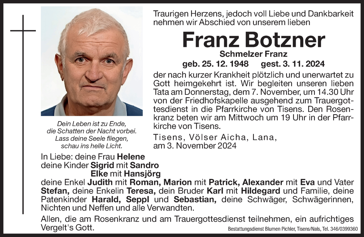  Traueranzeige für Franz Botzner vom 05.11.2024 aus Dolomiten