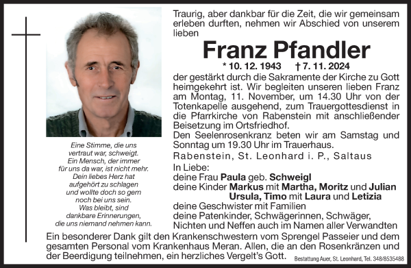 Traueranzeige von Franz Pfandler von Dolomiten