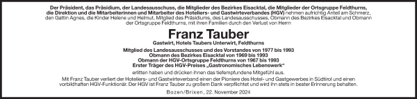 Traueranzeige von Franz Tauber von Dolomiten