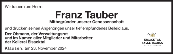 Traueranzeige von Franz Tauber von Dolomiten