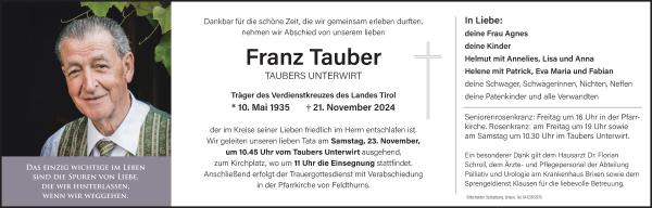 Traueranzeige von Franz Tauber von Dolomiten