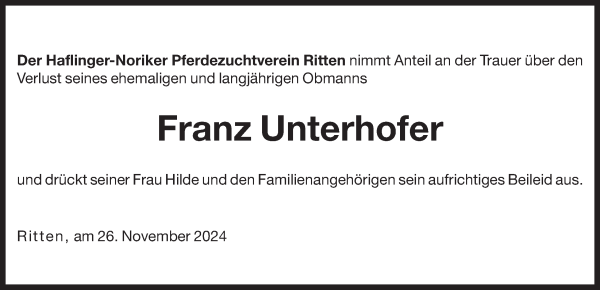 Traueranzeige von Franz Unterhofer von Dolomiten