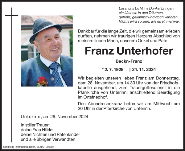 Traueranzeige von Franz Unterhofer von Dolomiten