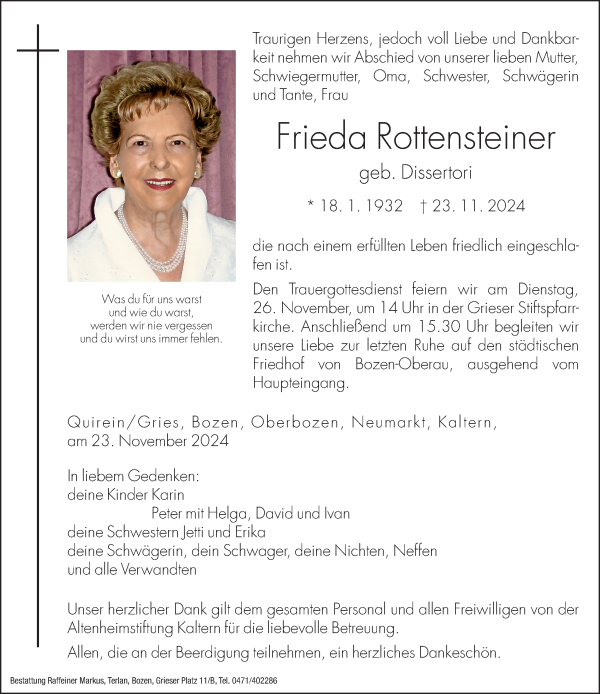 Traueranzeige von Frieda Rottensteiner von Dolomiten