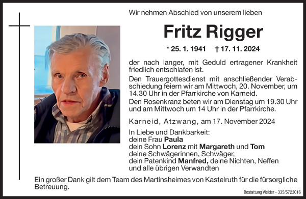 Traueranzeige von Fritz Rigger von Dolomiten