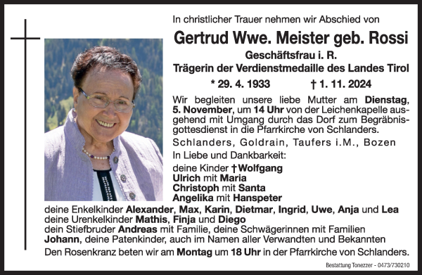 Traueranzeige von Gertrud Meister von Dolomiten