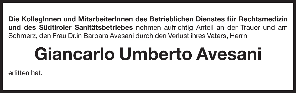  Traueranzeige für Giancarlo Umberto Avesani vom 12.11.2024 aus Dolomiten